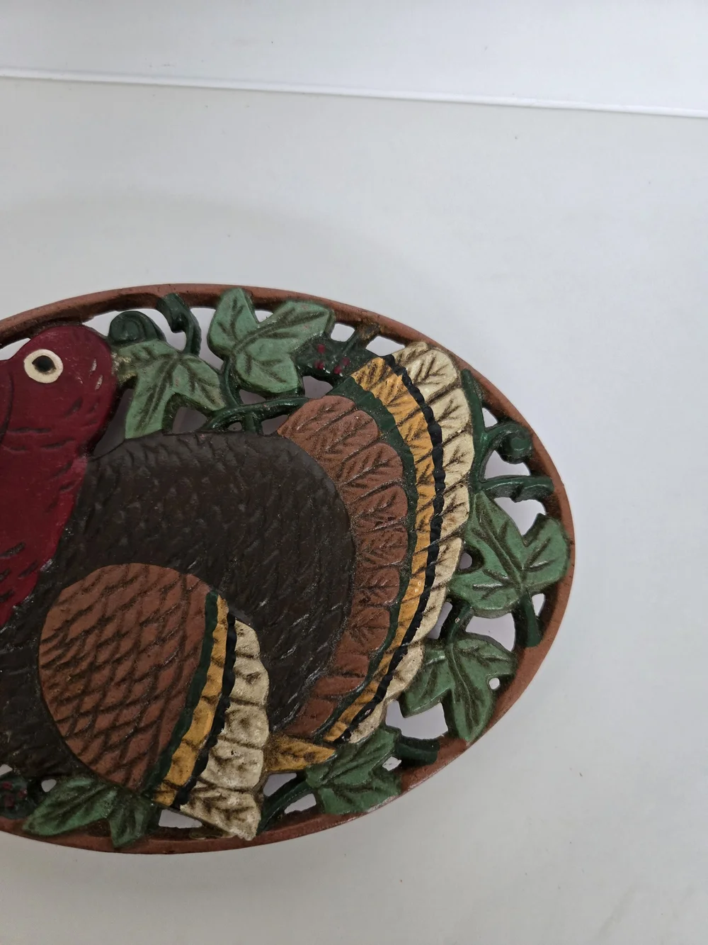 Vintage Painted Cast Iron Turkey Trivet Wall Plaque - Brown, Red, Green, Gold